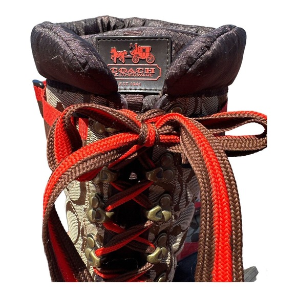 Coach Marian Lace Up Insulated Boots Sz 9.5 Signature Logo Brown & Red Mid Calf - Picture 6 of 7